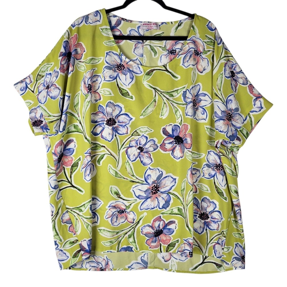 Bohemian Floral Top Women's 2X Yellow Floral Cuffed Short Sleeve Tropical Beach